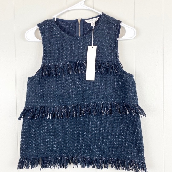 Tops - Lost April | Navy Blue Fringe Tweed Tank Top